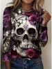 Skull Printed Casual Sweatshirt Round Neck Long Sleeved Basic Loose Fashion Women's T-shirts