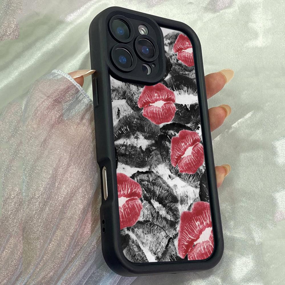 JT87 Черные Красные Губы Поцелуй Целующиеся для iPhone 17 16 15 14 Pro Max Samsung S26 S25 Ultra A17 A16 A07 A56 Xiaomi 15T 13T Redmi 14C 15c Мягкий Чехол из ТПУ