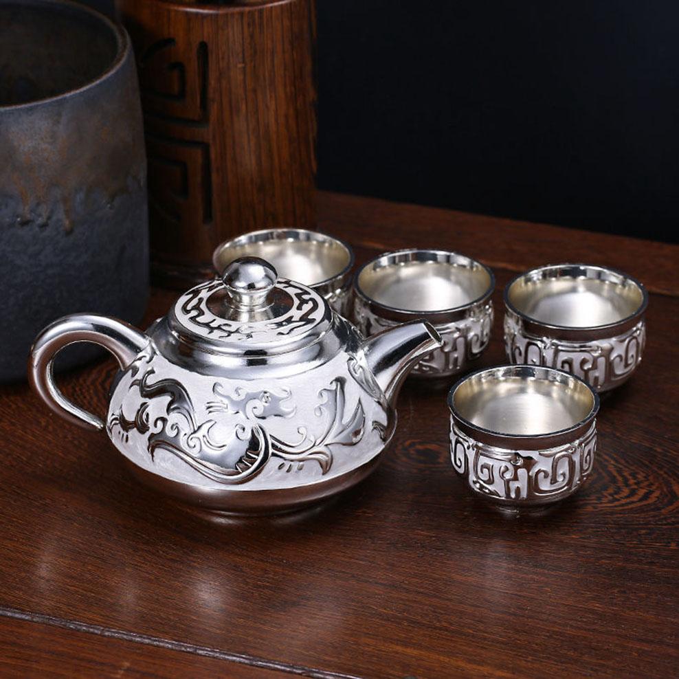 6-piece Set, Chinese Dragon Totem Tea Set, S999 Silver Teapot Tea Cup with Tray, Retro Silver Plated Tea Set, Home Ornaments