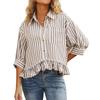Женская мода Повседневная полосатая рубашка с кружевной отделкой по низу, свободного кроя, с рукавом три четверти