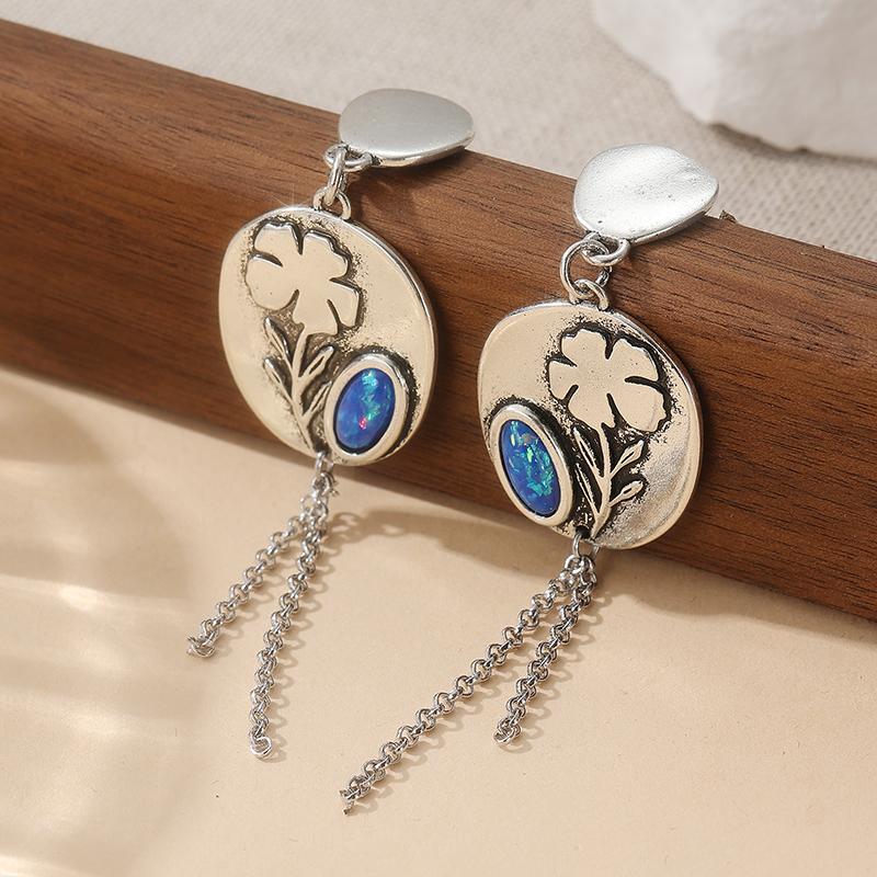 Винтажные Серьги-Подвески с Ручной Резьбой Цветочным Узором и Вставками из Синтетического Бирюзы для Женщин Элегантные Изысканные Подвески Ювелирные Изделия Ручной Работы