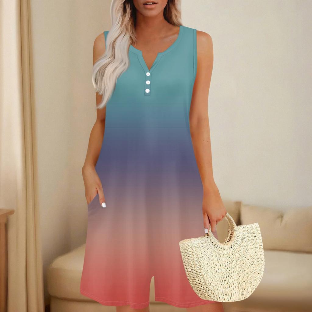 Women's Fashionable And Casual Sleeveless Button-pocket One-piece Shorts