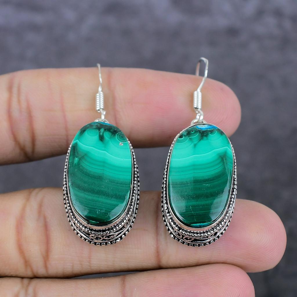 Малахит Драгоценный Камень 925 Стерлинговое Серебро Ювелирное Изделие Серьга 1.85"