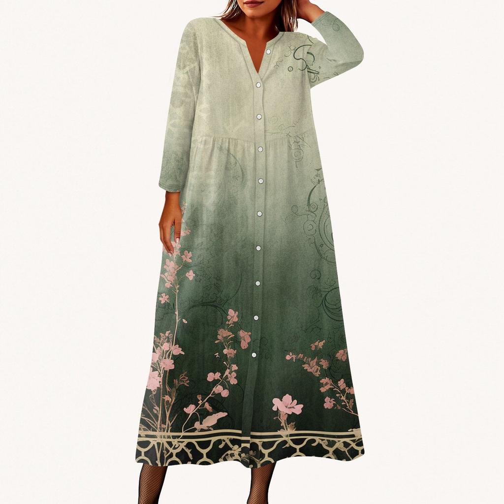 Женское модное платье-рубашка свободного кроя с принтом, круглым вырезом и рукавами семь четвертей на пуговицах