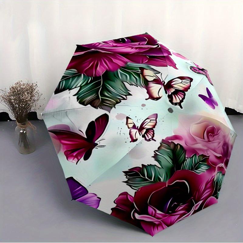 Butterfly Purple Flower Theme umbrella automatic opening and closing sturdy iron frame portable folding umbrella suitable for