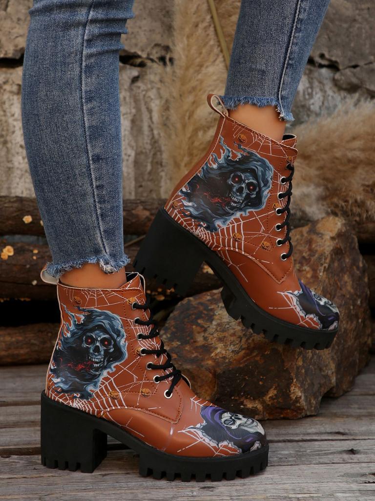 Мода Мода Принтованные Ботильоны на Платформе для Женщин Осень Зима Черные на Высоком Каблуке Короткие Ботинки Женские На шнуровке На Толстом Каблуке Botas Mujer