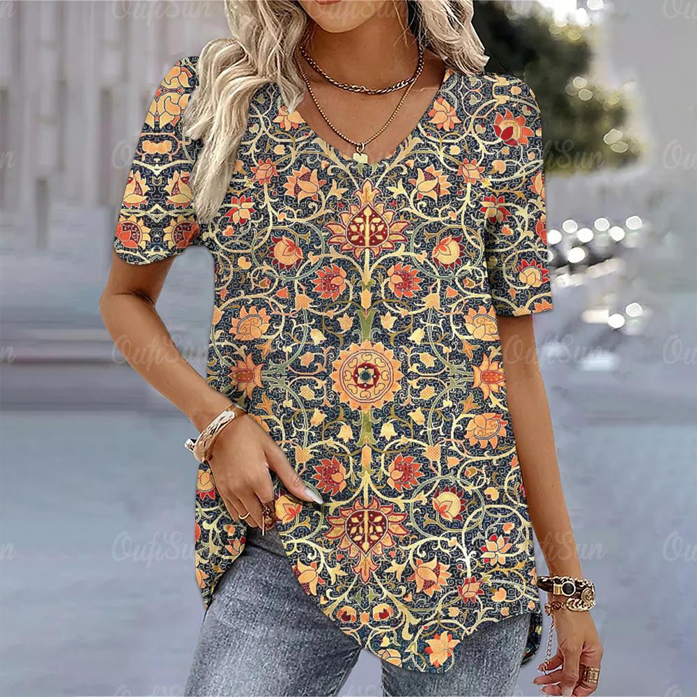 Винтажная футболка с 3D-цветочным принтом для женщин, женская одежда, свободная блузка с V-образным вырезом, повседневные шорты Harajuku для женщин, топы с рукавами