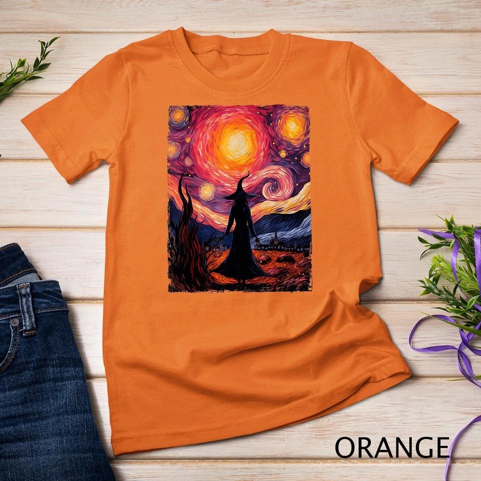 Witch Halloween Pink Breast Cancer Starry Night Van Gogh Art Unisex T-shirt 6