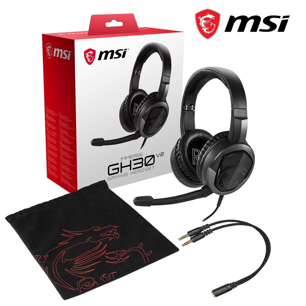 MSI IMMERSE GH30 V2 Gaming with Iconic MSI Dragon Wired Splitter 40mm Detachable and Easy Folding Design Headset, Black, Logo, In-Line Audio,