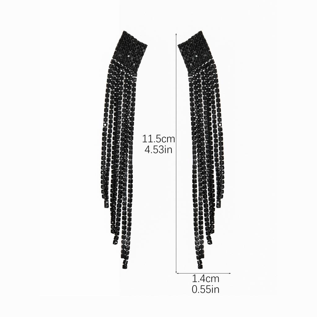 Fashionable Temperament Shiny Full Diamond Long Tassel Earrings Black Match Earrings Women's Earrings 1 Pair