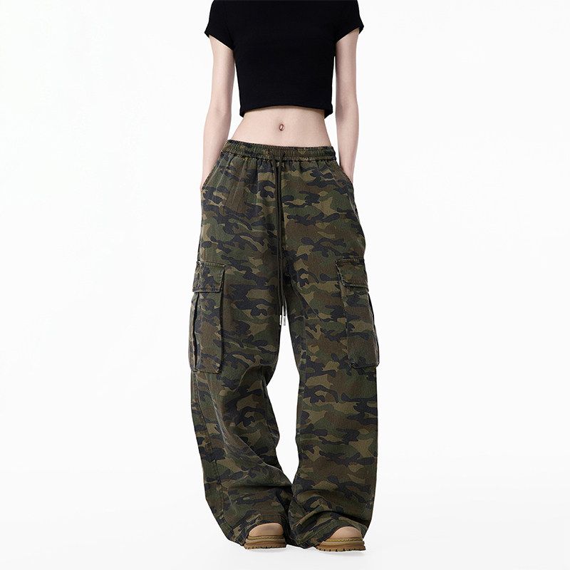 Black of Exit American Retro Camouflage Pocket Cargo Pants Unisex Loose Wide-Leg Slimming Casual Pants Trendy