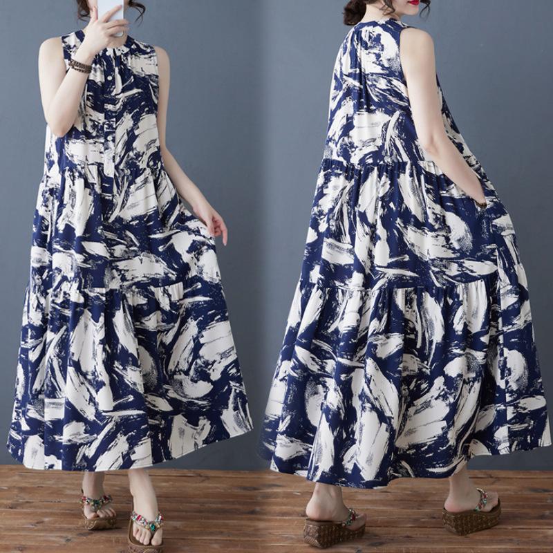 Летнее художественное свободное шифоновое платье с воротником-стойкой без рукавов средней длины для женщин, винтажные длинные платья с жилетом