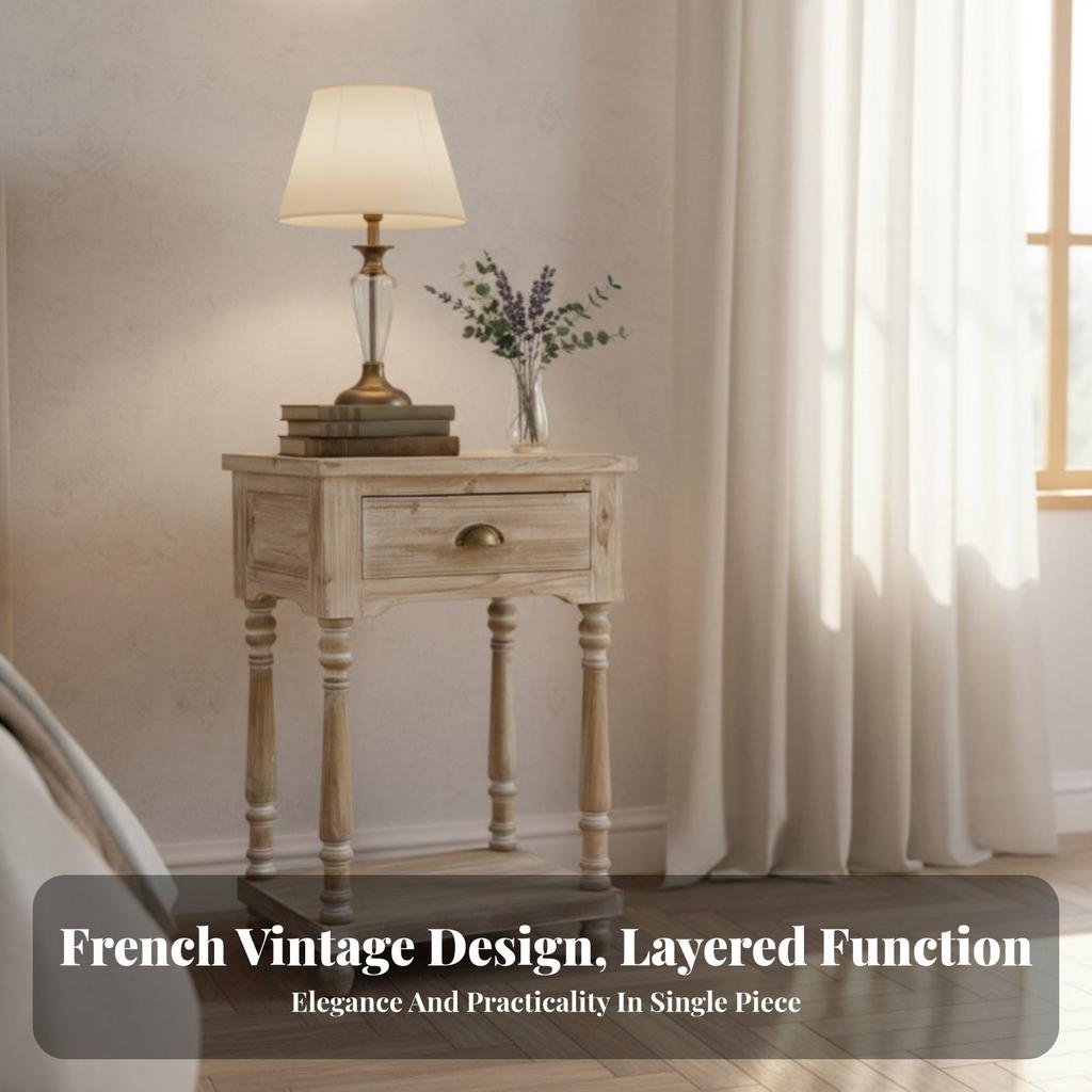 Single-Door Nightstand French Provincial Design Patchwork Door Storage Unit Vintage and Design Distressed Finish for Households