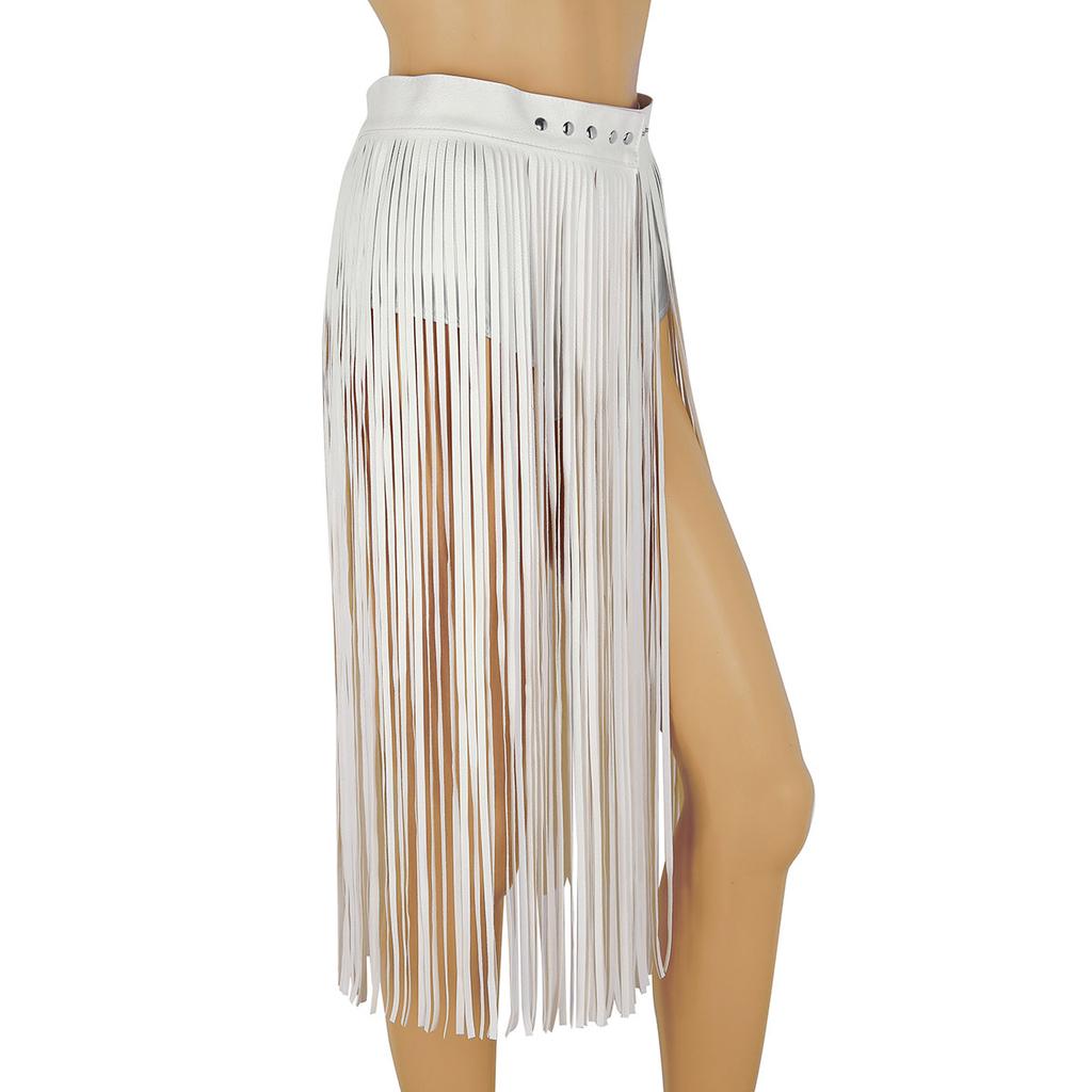 Woman Fringe Tassel Skirt Faux Leather PU Hippie Boho Long Punk Waistband Belt Skirt