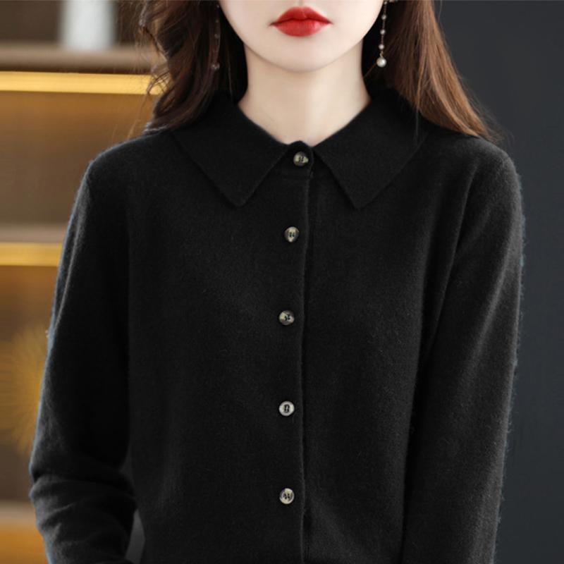 Four Seasons Sweater Cardigan Wool Blend Autumn and Winter Women's Loose Polo Lapel Tops Knitted Cardigan