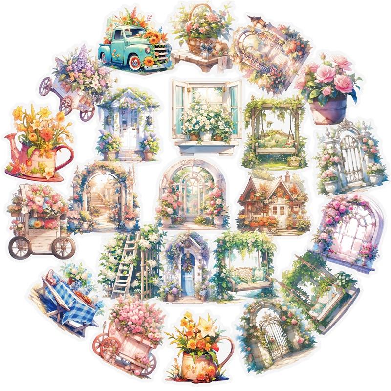 56PCS Kawaii Flower House PET Sticker Aesthetic Decoration Scrapbooking Stationery DIY Hand Accounting Supplies for Kids