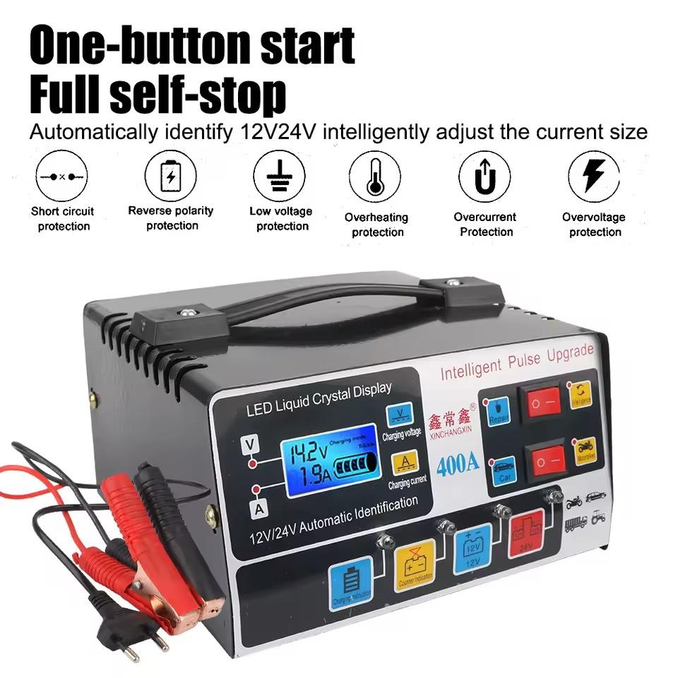 12V/24V 400A Car Battery Charger 220W High Power Fully Automatic Pulse Repair Smart LCD Display Self-stop Battery Fast Charger