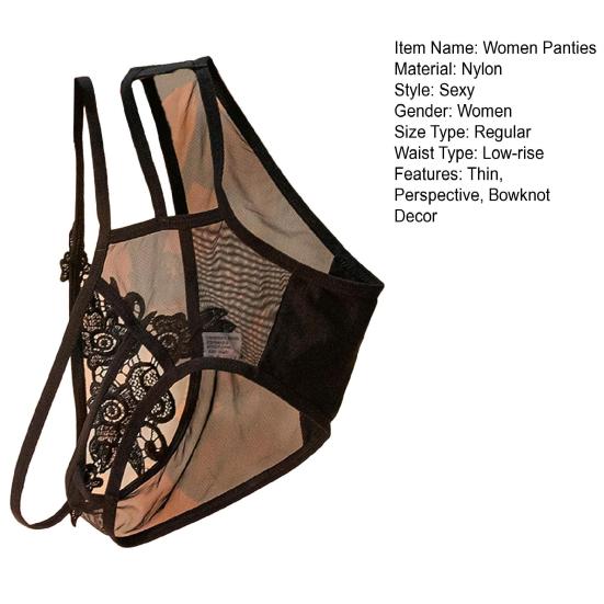 Sexy Women See-through Lace Briefs Mid-rise Seamless Ultra-thin Mesh Embroidery Flower Pattern Bowknot Decor Panties