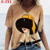 S-5XL Большие размеры Топы с принтом Женская футболка Сексуальный V-образный вырез Короткий рукав Летние женские топы Одежда Уличная мода Женские пуловеры