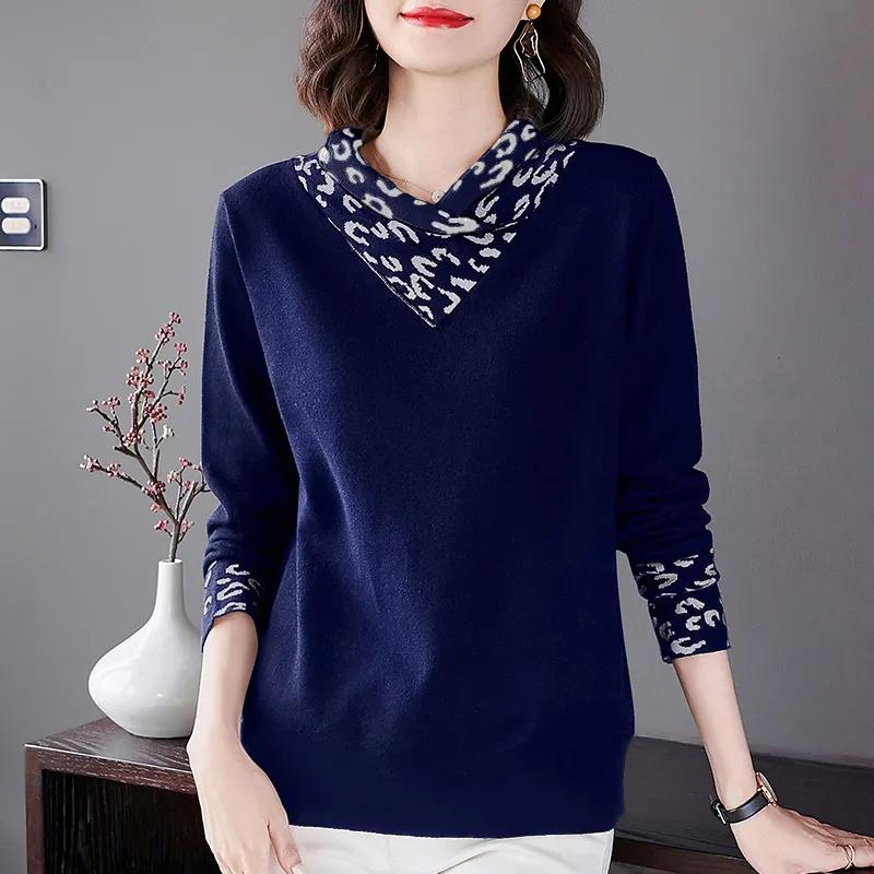 Women's Winter Warm Bottoming Long-sleeved V-neck Color Blocking Half-high Neck Knitted Bottoming Shirt