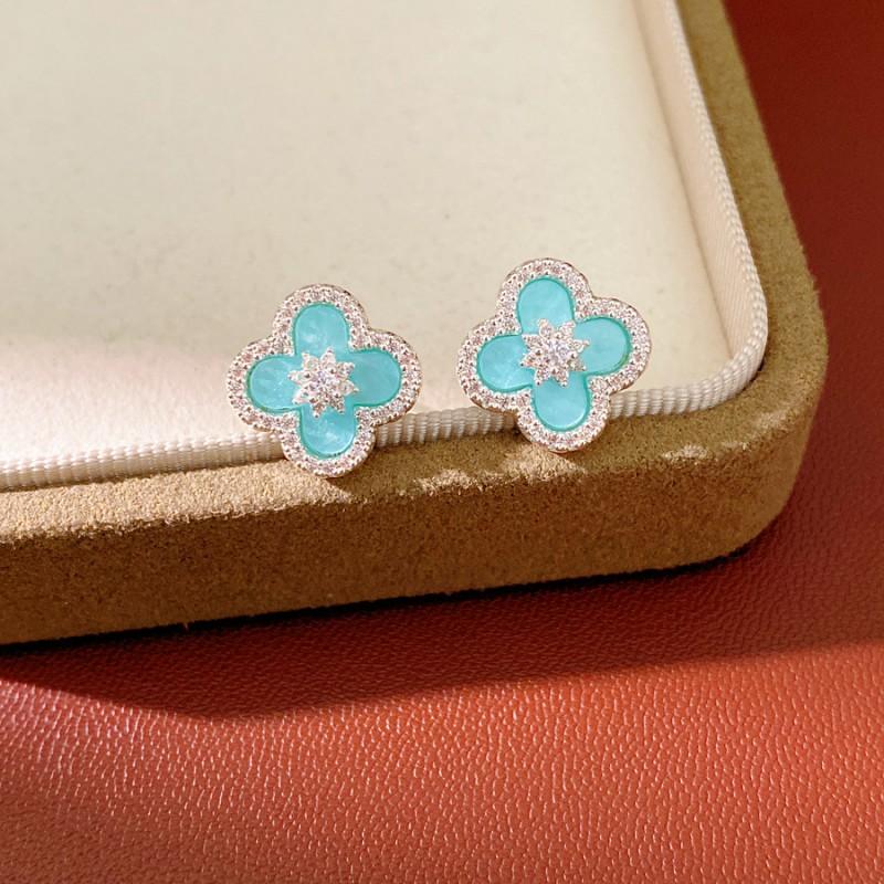 Blue Floral Zircon Clover Pendant Necklace Set Women Minimalist Daily Wear Tone Chain