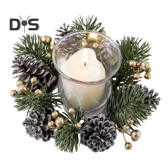 Christmas Candle Ring Artificial Pine Needle Pinecone Berries Garland Rustic Festive Candle Wreath for Home Table Centerpiece Decor