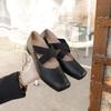 Genuine Leather Mary Jane Crossover with Square Toe Vintage Block Heel Ballet Shoes Single Shoes