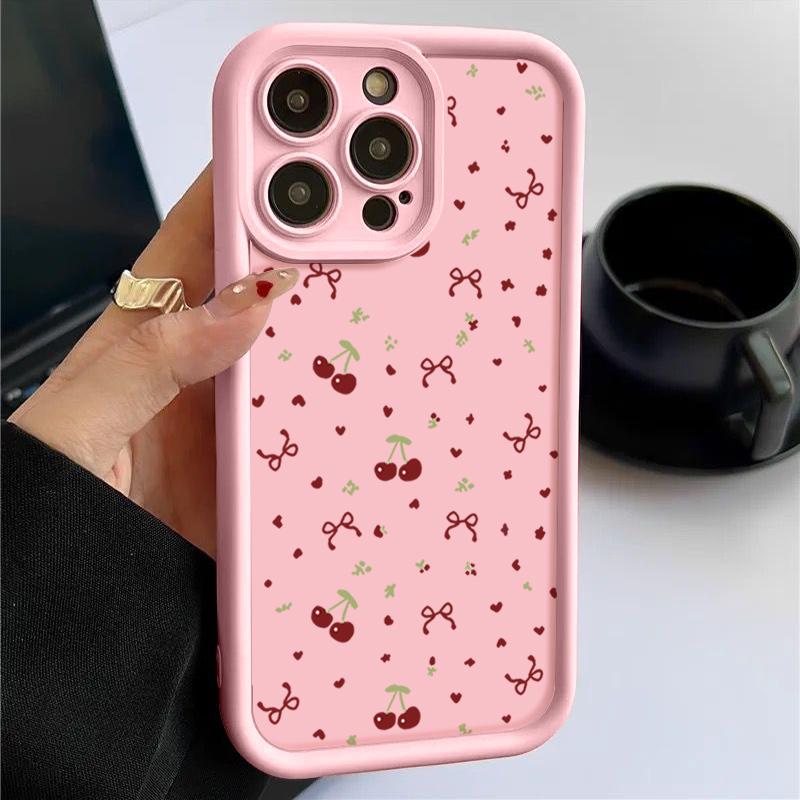 Мягкий матовый чехол из ТПУ с рисунком вишни и бантом для iPhone 16 Pro Max 15 Pro 14 13 12 11 17 Pro Max Ударопрочный бампер с защитой линз