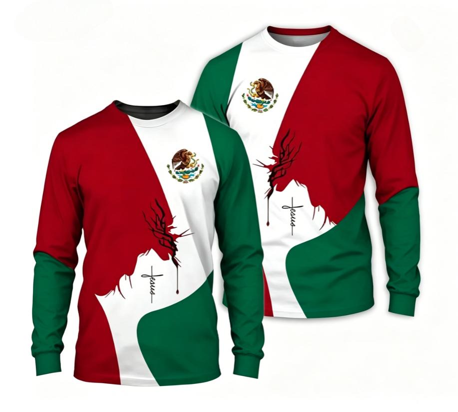 Men's 3D printed Mexican flag long sleeved fashionable round neck top street style Harajuku style long sleeved T-shirt