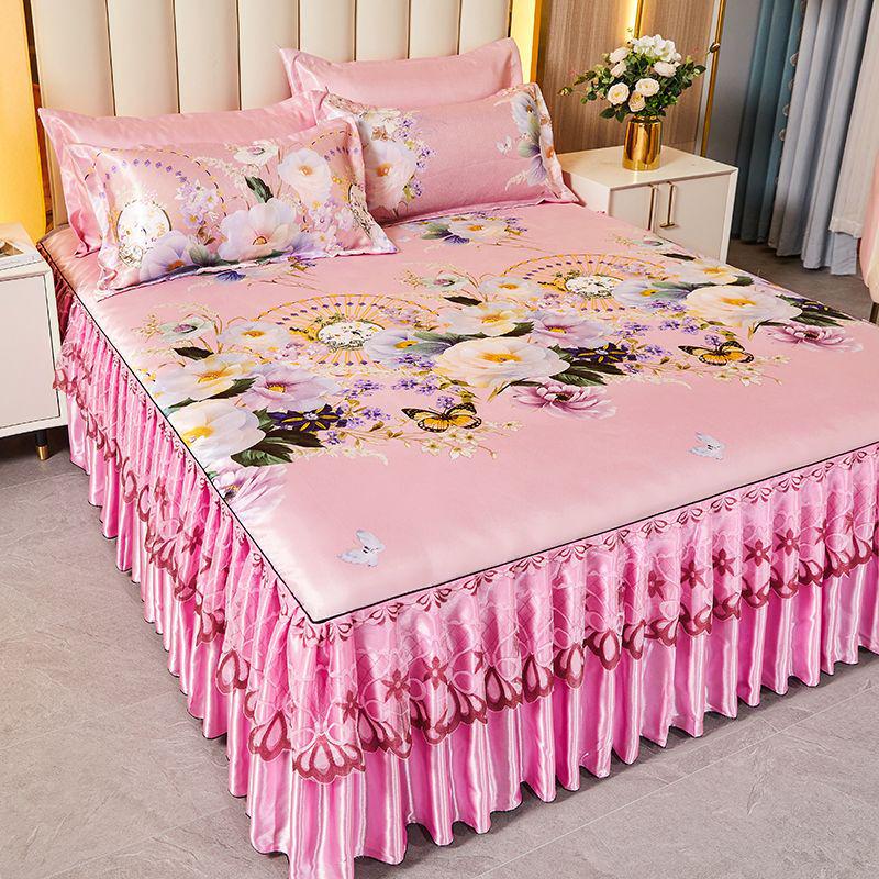 Комплект кружевной юбки для кровати из ледяного шелка и прохладного коврика - Дышащий дизайн из ротанга