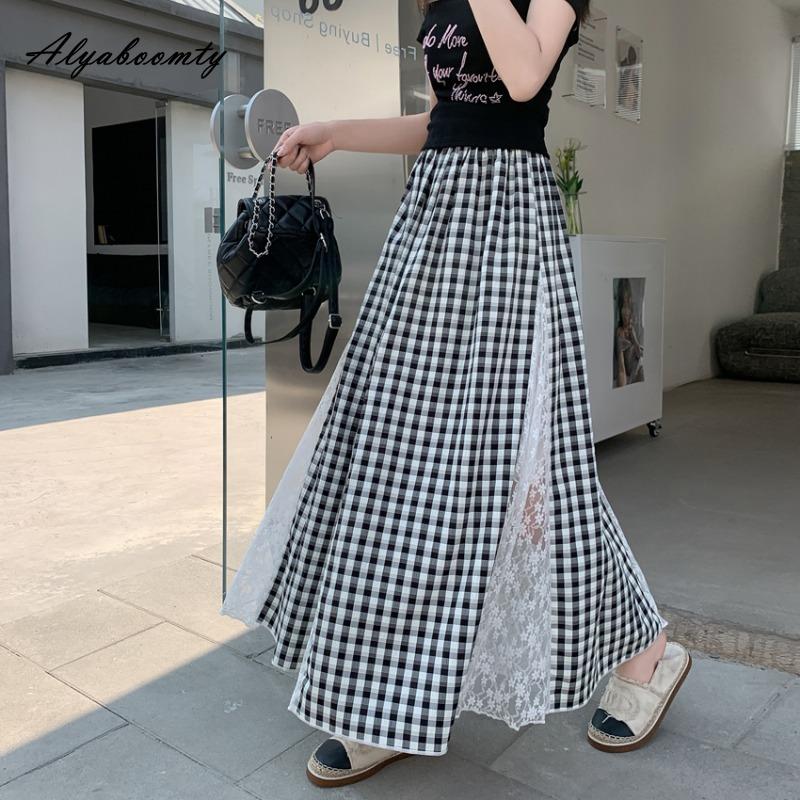 Корейский стиль весна-лето женская юбка миди с высокой талией синяя черная клетчатая вышитая кружевная юбка в стиле пэчворк элегантные женственные женские юбки