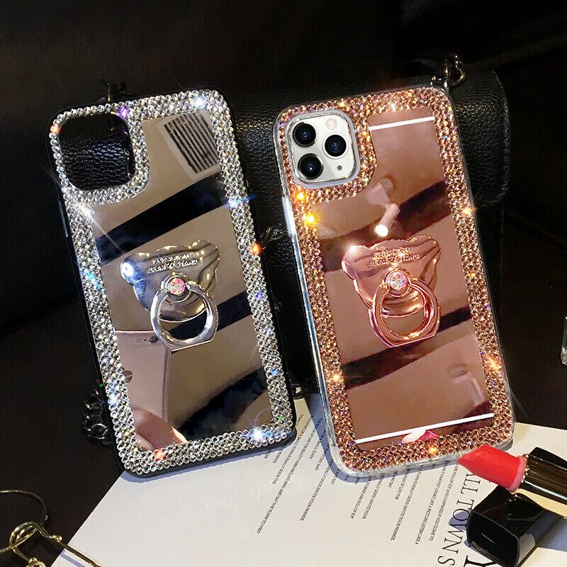 Diamond Glitter Case Makeup Mirror with Ring Kickstand For IPhone 13 Pro Max 12 11 Pro Max XR Samsung S21 S21 Pus S21 Ultra S20 FE A52 A72 A51 A71