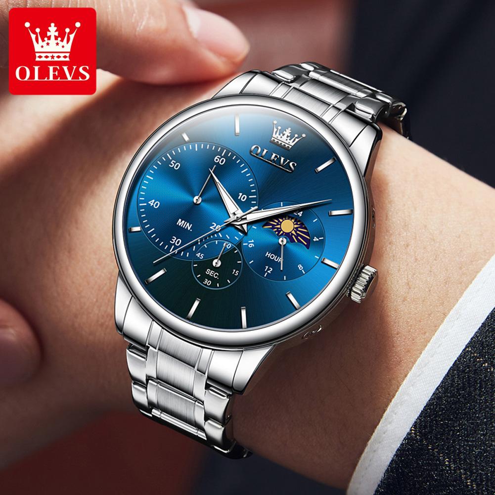 OLEVS Moon Phase Men's Watch Simple Casual Original Fashion Quartz Watch for Men Waterproof Luminous Stainleess Steel Wristwatch
