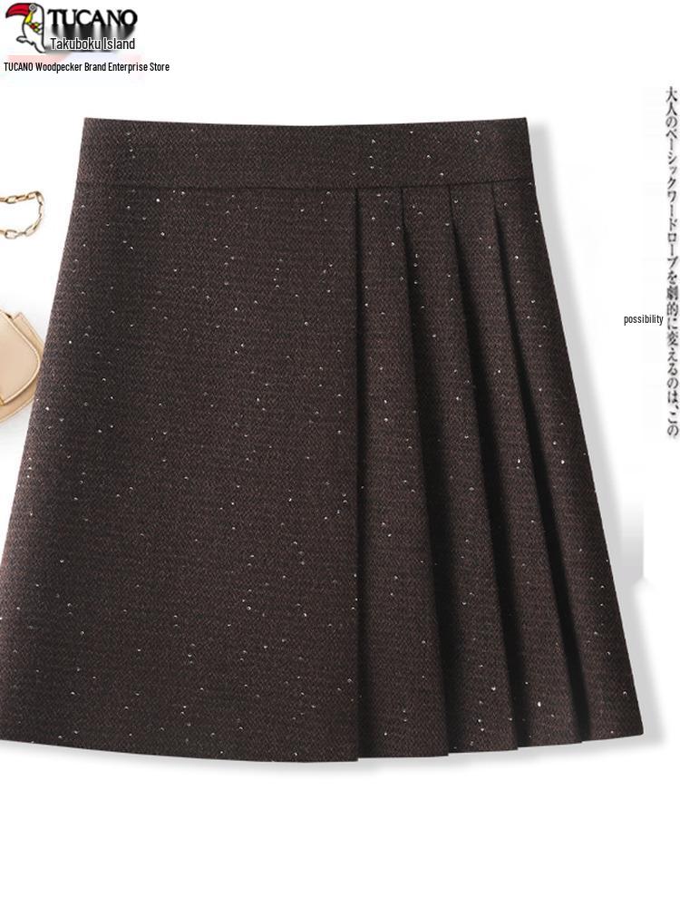 Autumn 2025 Women's High Waist Woolen Midi A-line Bodycon Pleated Skirt