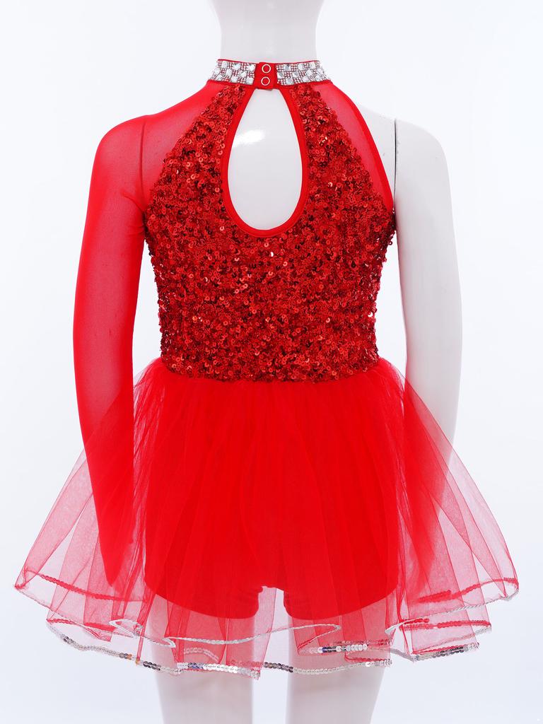 Костюм для танцевального выступления девочки Блестящий лиф с пайетками Трико с юбкой из тюля Вырез на талии Асимметричный комбинезон