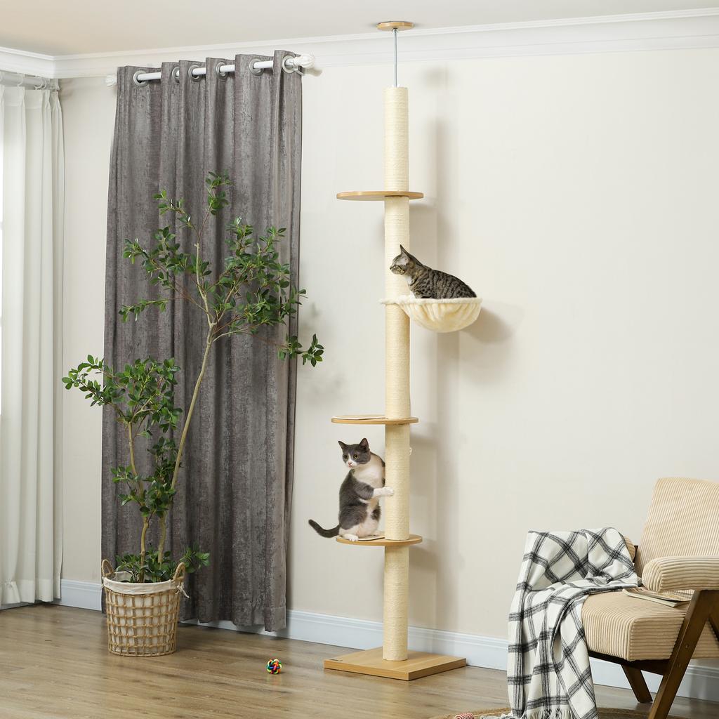 Ceiling-High Cat Tree, Anti-Tip Safety, Sisal Rope Posts, Wood Composite, Oak+Cream White