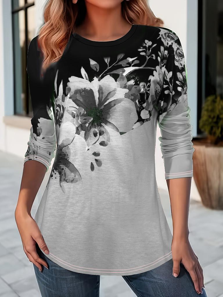 Women's Casual Comfortable Tops Long Sleeve Tops Fashion Floral Printed Round Neck Shirts Loose Blouses Plus Size