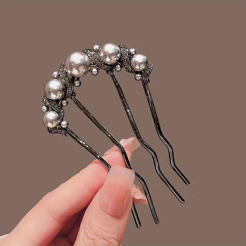 1pc Collection of U-shaped Imitation Pearl Hairpins for Women, Back-of-the-head Bun Artifact Hairpin, Four-tooth Metal Insert Comb