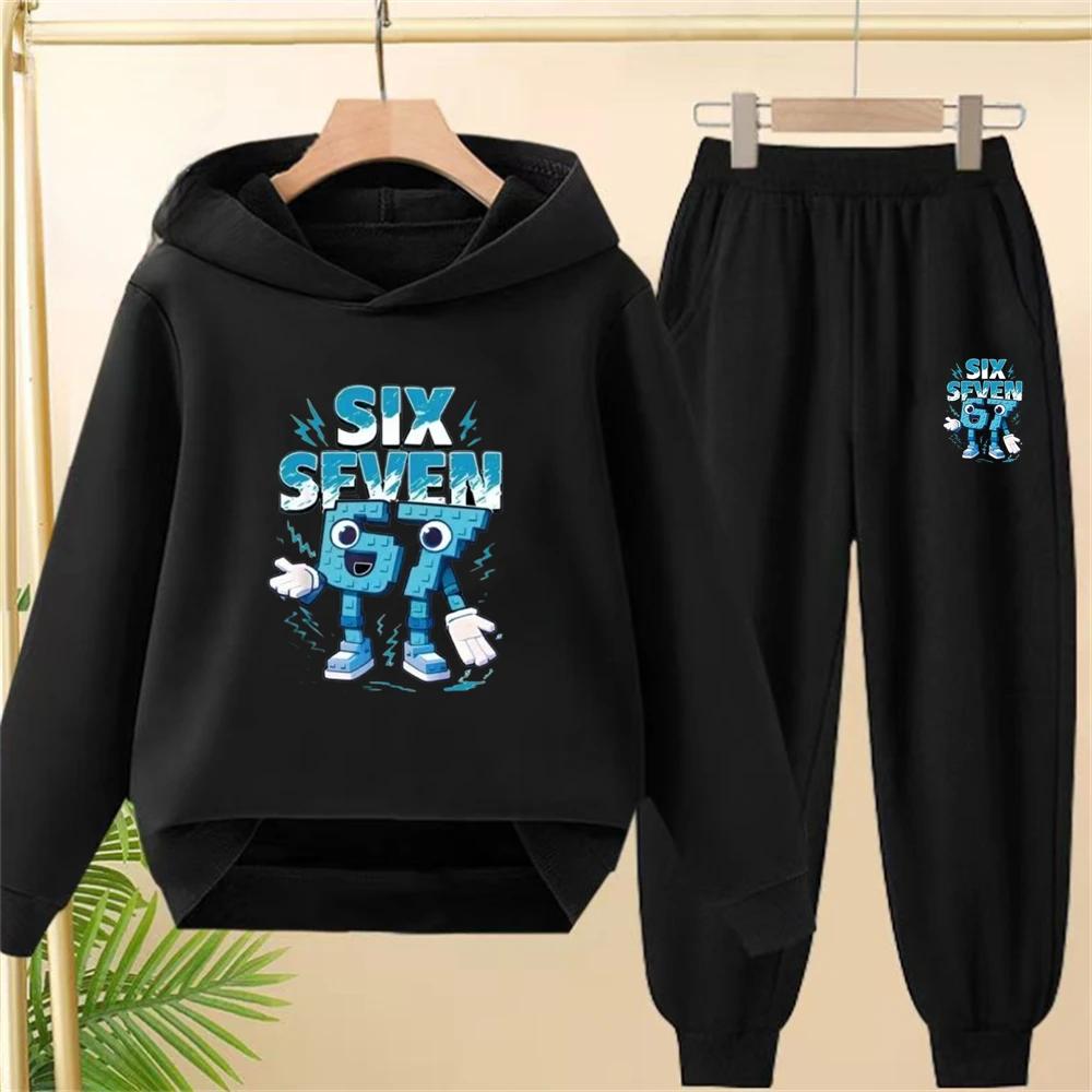 Children From 3 To 12 Years Old 67 Printed Hooded Sweatshirt and Black Top and Pants Suit, Suitable for Girls and Boys