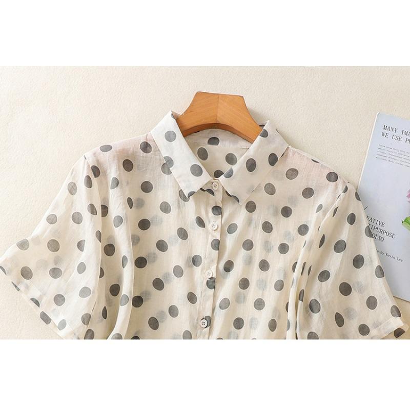 Летняя рубашка в горошек из хлопка и льна с принтом, кардиган с короткими рукавами и лацканами, рубашка, топ для женщин, блузки и рубашки