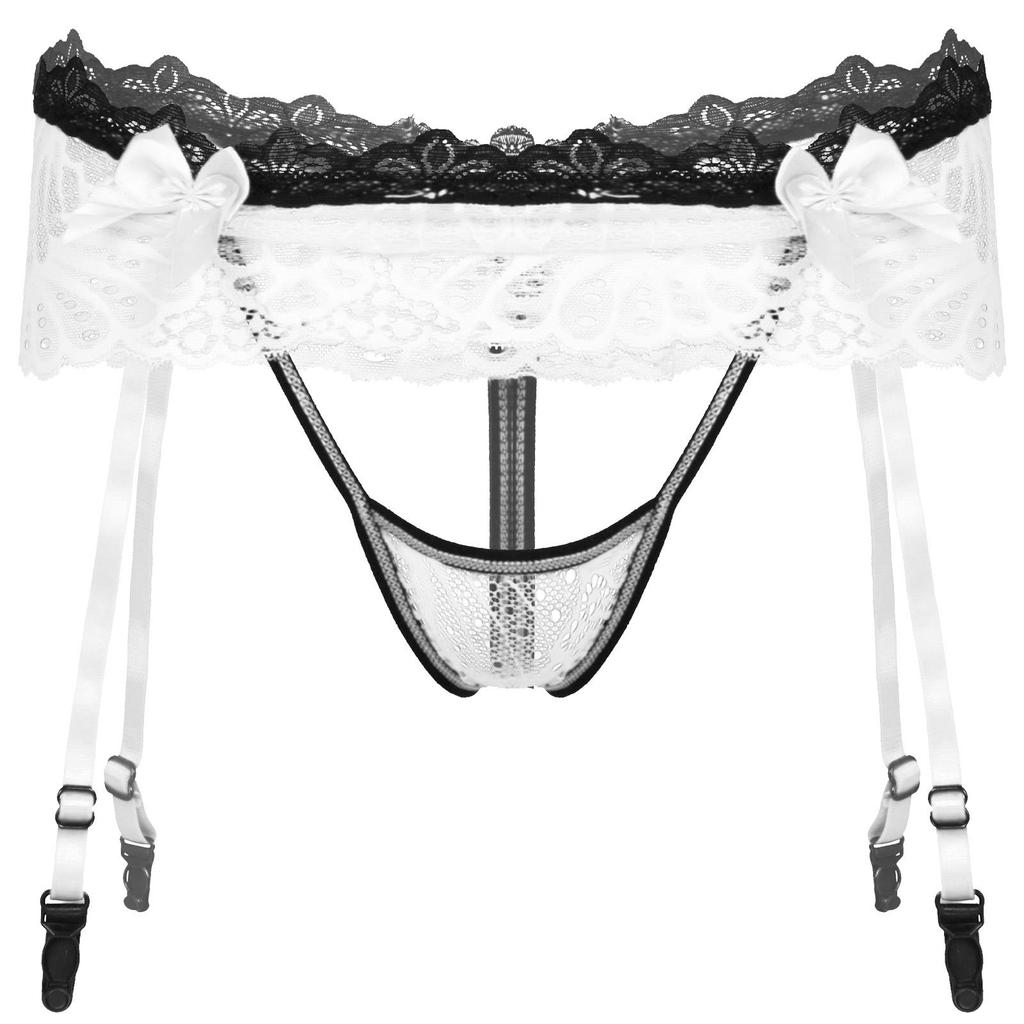 Мужские кружевные стринги с юбкой, регулируемый пояс для чулок, ажурный дизайн, эластичный пояс, вырез без выреза, Т-образная спинка, нижнее белье Sissy