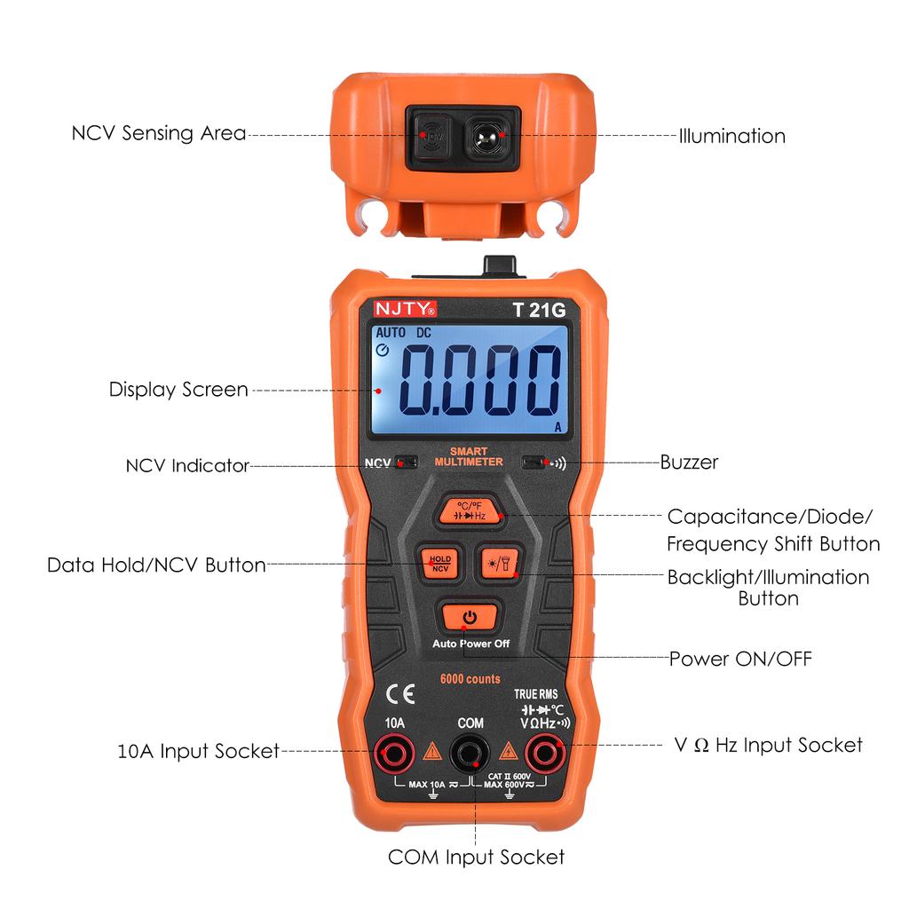NJTY T21G Мини-умный мультиметр, 6000 отсчетов, истинное среднеквадратичное значение, универсальный счетчик, карманный размер, компактный 2-дюймовый ЖК-дисплей