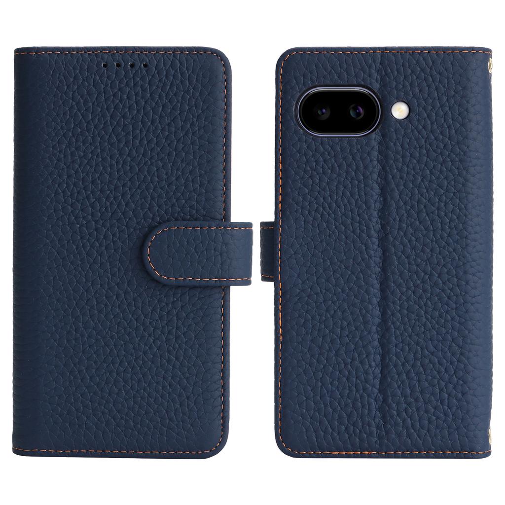 For Google Pixel 9a Stand Case Litchi Texture Genuine Cow Leather Wallet Phone Cover RFID Blocking