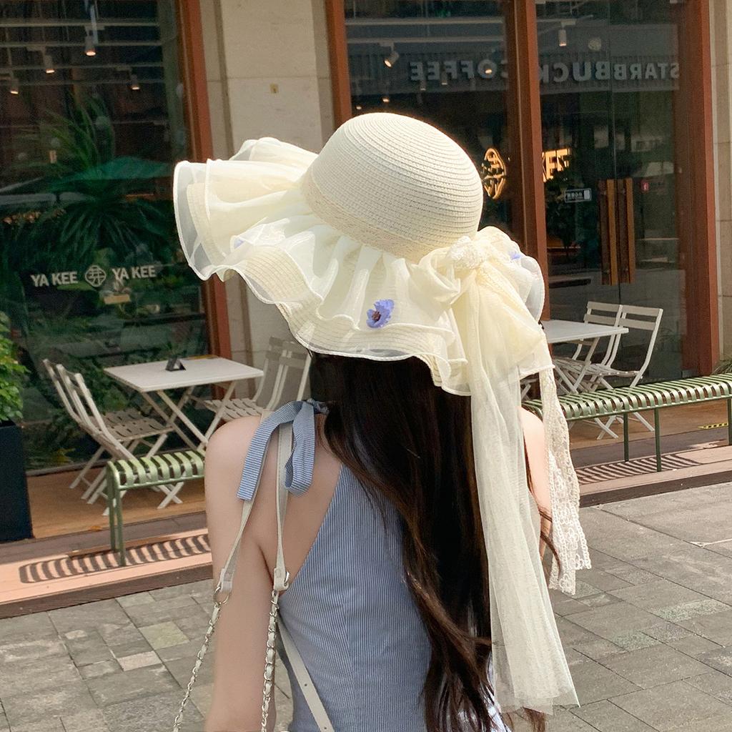 Sunshade sunscreen flower lace mesh vacation new sun hat sun hat hat seaside straw hat summer beach