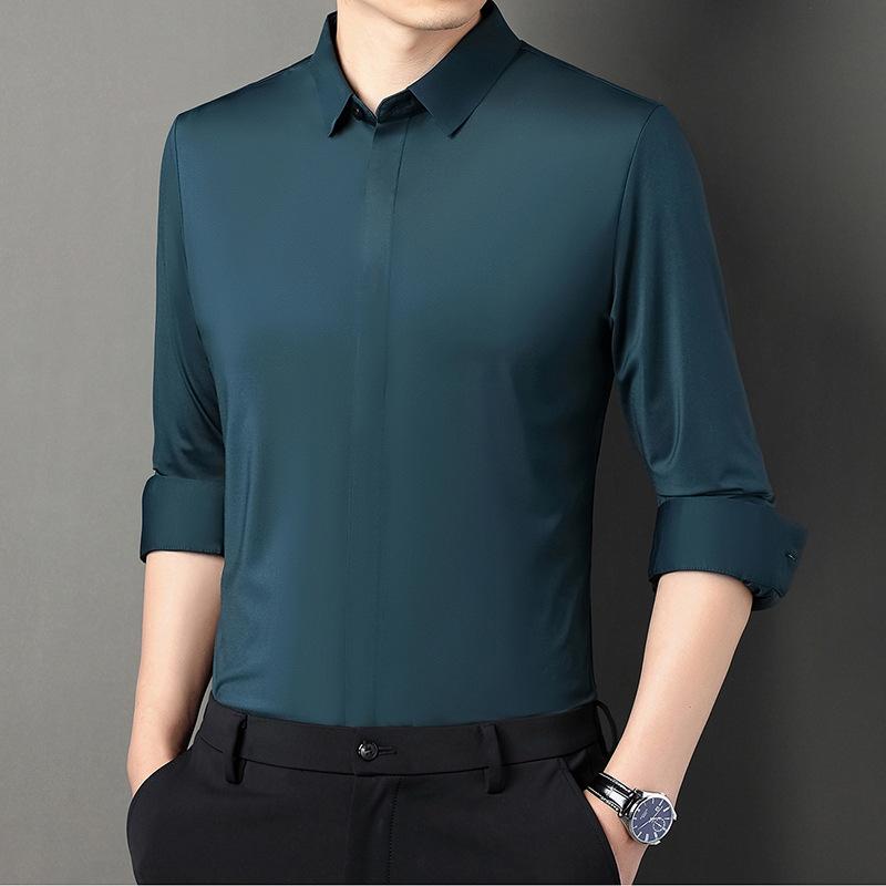Men's Long-Sleeved Shirt Spring and Autumn Dark Placket Business Casual Solid Color Elastic Seamless Shirt