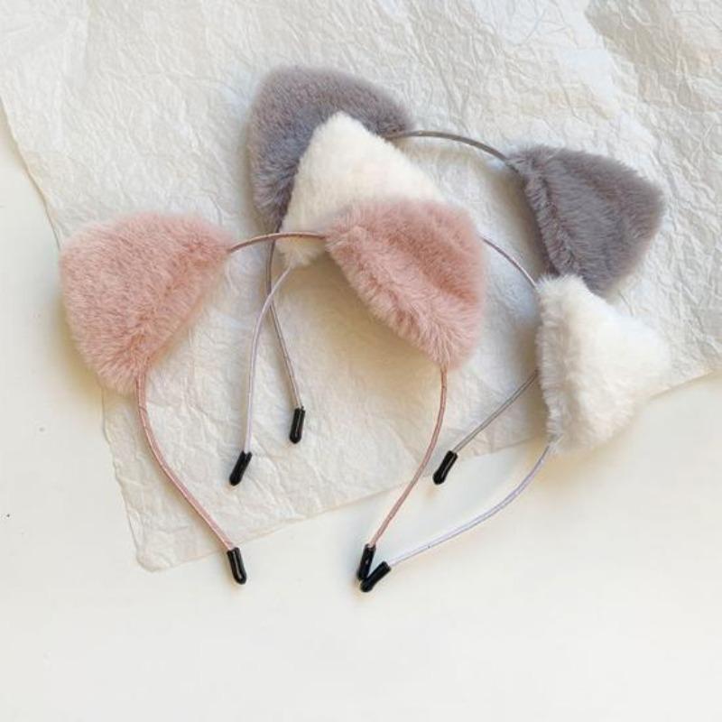 Женская повязка для волос, мягкий пушистый плюшевый мультяшный декор для ушей котенка, эластичный узкий противоскользящий обруч с узкими полями, обычная посадка, сплошной цвет, украшение на голову, обруч для волос