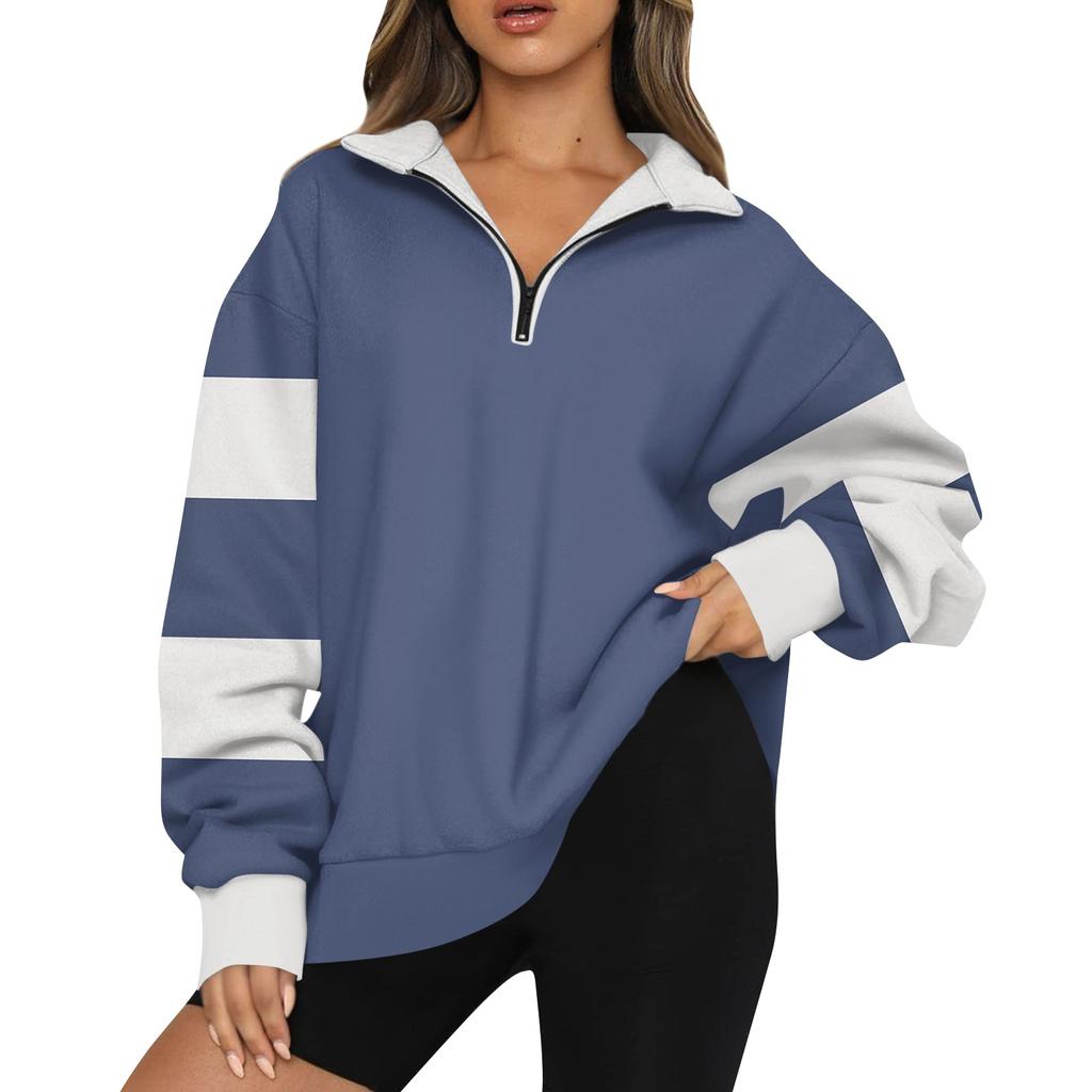 Женская модная толстовка с длинным рукавом и принтом в полоску с отворотом на молнии