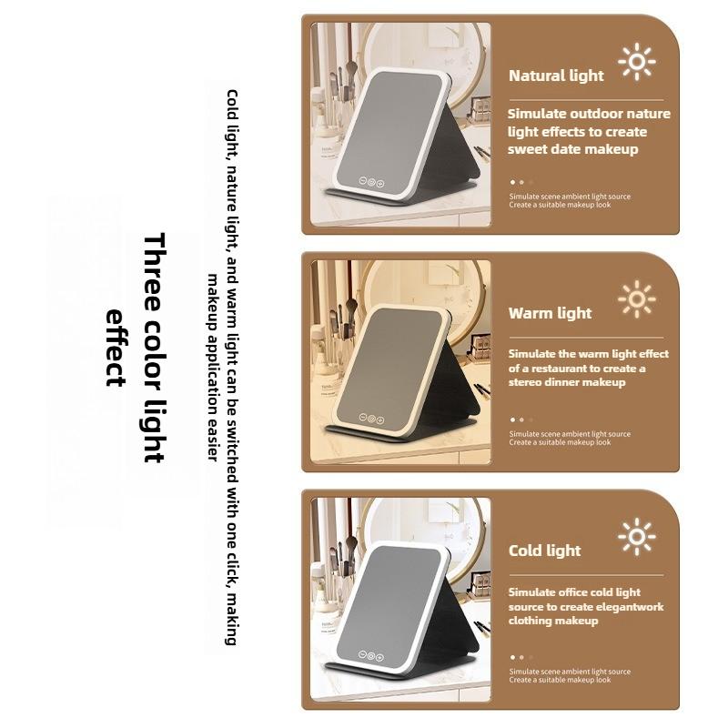 3Colors Foldable HD Makeup Mirror Intelligent Touch Control Adjustable Light LED Cosmetic Mirror Type-c Charging for Girls&Women