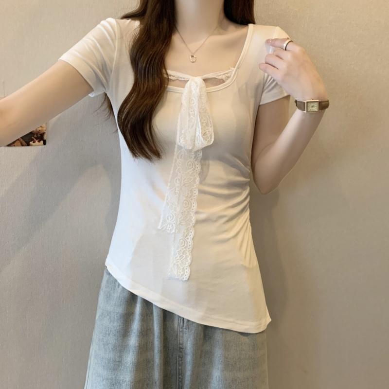 Летние женские однотонные пуловеры с коротким рукавом и круглым вырезом, корейские футболки с кружевом и лентами, топы y2k, женские приталенные футболки из чистого хлопка