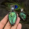 Green Dendritic, Moonstone Gemstone Copper Wire Wrap Jewelry Pendant 2.96"